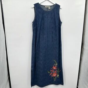Vintage Y2K Maxi Denim Dress Jumper 14W Floral‎ Embroidered Minimalist Grunge